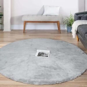 Latepis Grey Shag Rugs 5ft Round Rug Washable Faux Rabbit Fur
