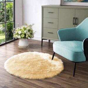 Latepis Yellow Circle Rug Faux Sheepskin Fur Round Rugs 4ft
